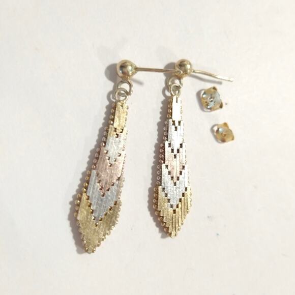 14k yellow rose gold Sterling Silver 925 Dangle Drop Earrings Tri Tone Posts - Picture 5 of 7